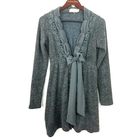 Areve Women Gray Ruffle Bow Lace Trim Longline Boho Cardigan Sweater Sz S 1110H3 - Picture 5 of 11